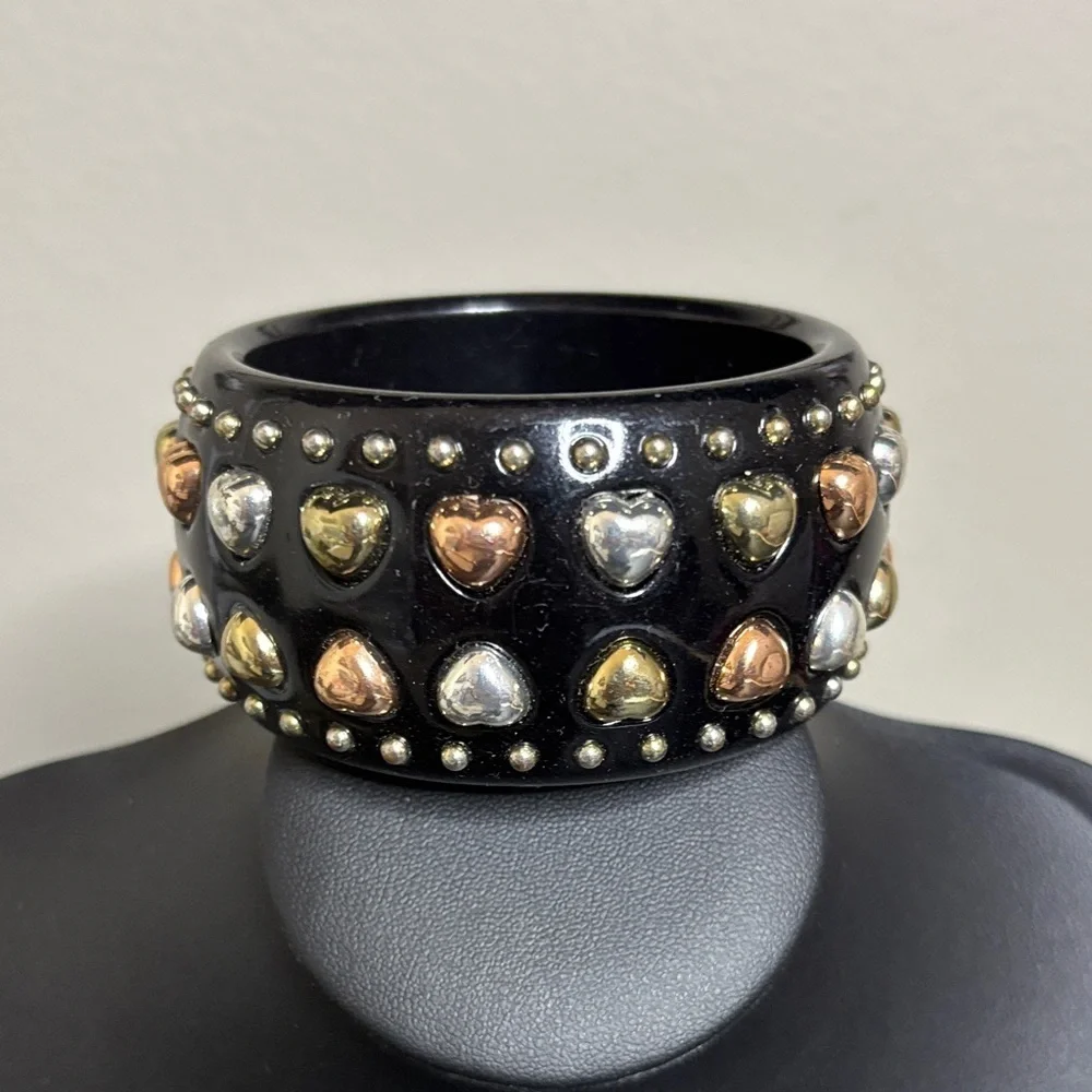 Chunky Statement Black Heart Studded Bracelet Multi Tone